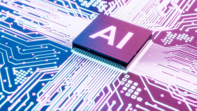 Computer-generated image of "AI" on a computer chip. 
