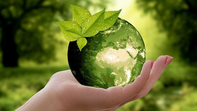 Hand holding a green model of Earth, representing sustainability. 