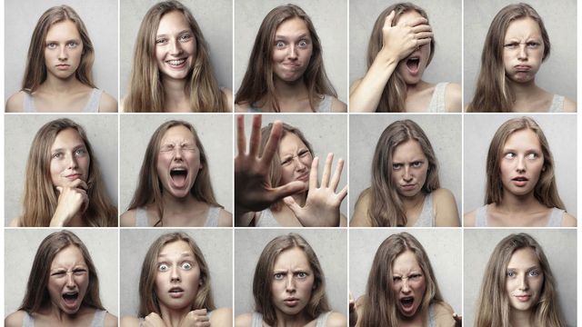 A collage of photos of a girl pulling different facial expressions. 