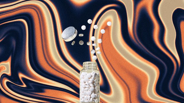 A pill bottle in front of a psychedelic design.  